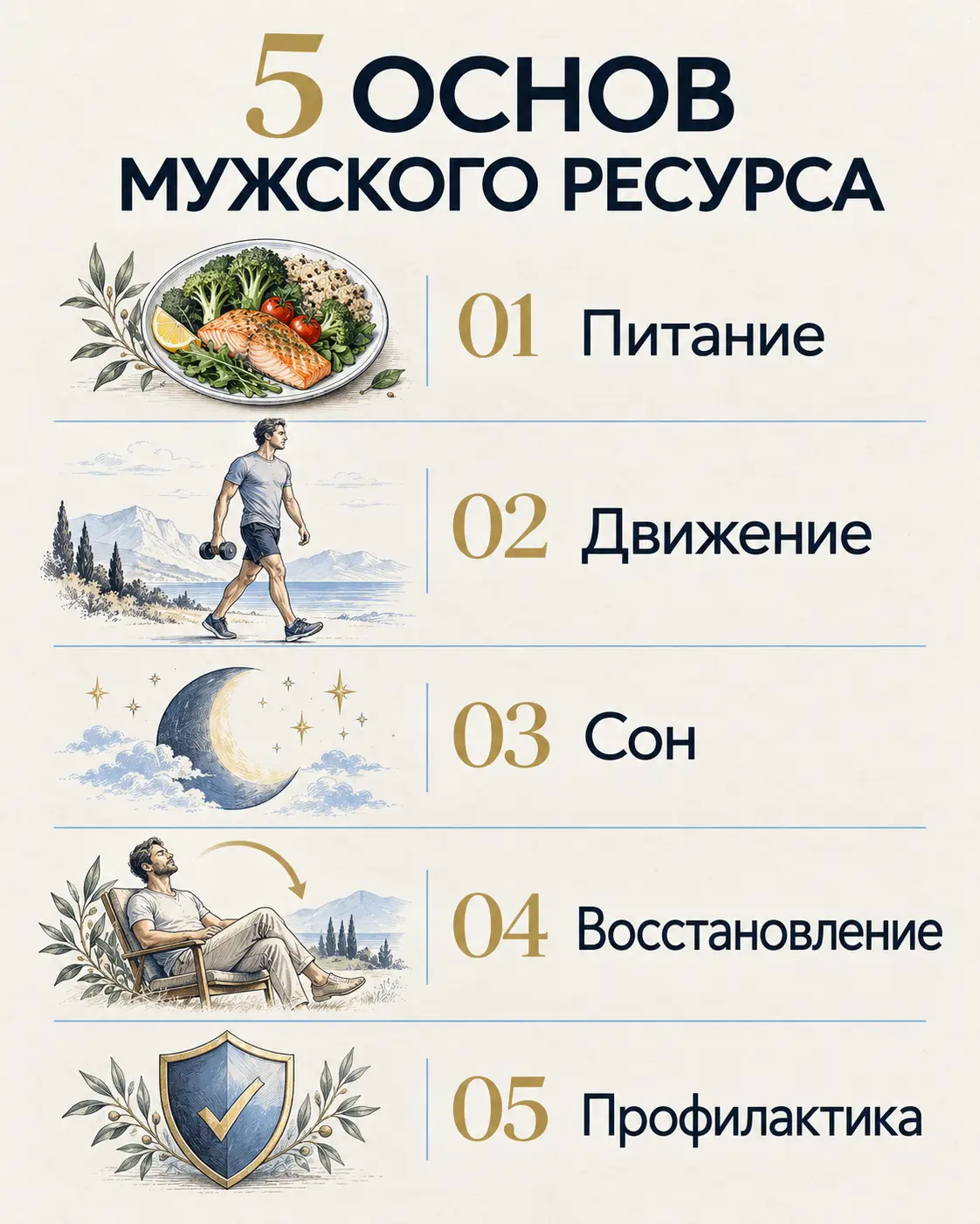 Пять основ мужского ресурса: питание, движение, сон, восстановление и профилактика