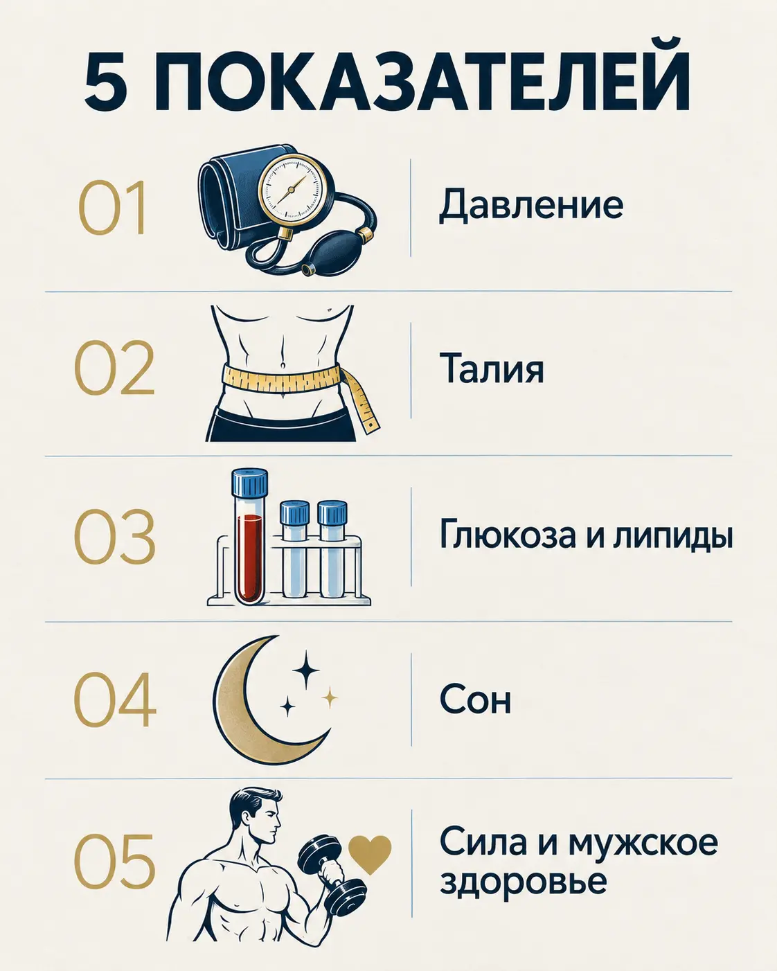 Пять показателей мужского здоровья: давление, талия, глюкоза и липиды, сон, сила и мужское здоровье